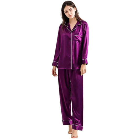 Luxurious Plum Purple Satin Pajama Set with White Piping
