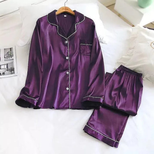 Luxurious Plum Purple Satin Pajama Set with White Piping