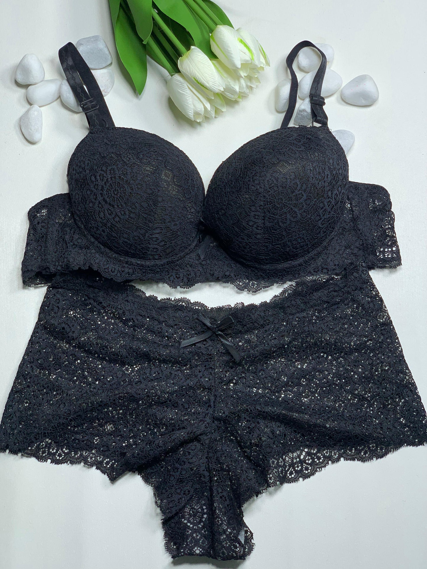 🖤 Midnight Elegance Lace Lingerie Set – Black Padded Bra & Panty