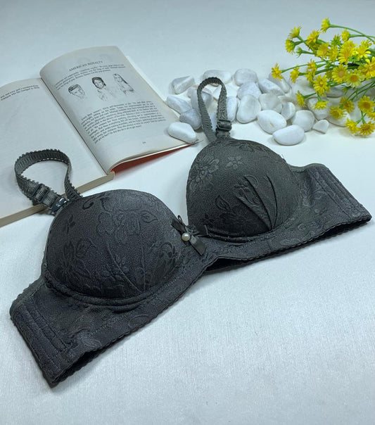 Gray Floral Lace Demi Bra with Adjustable Straps