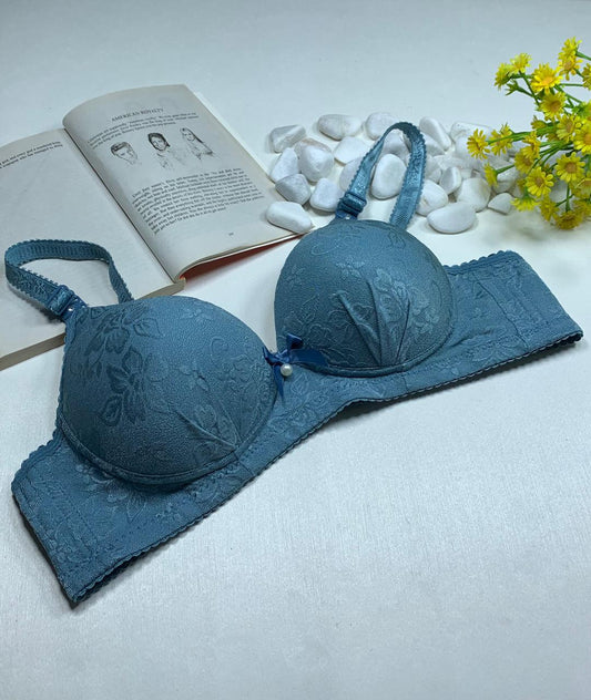 Dusty Blue Floral Lace Demi Bra with Adjustable Straps