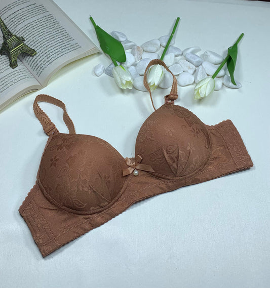 Warm Coffee Brown Floral Lace Demi Bra with Adjustable Straps