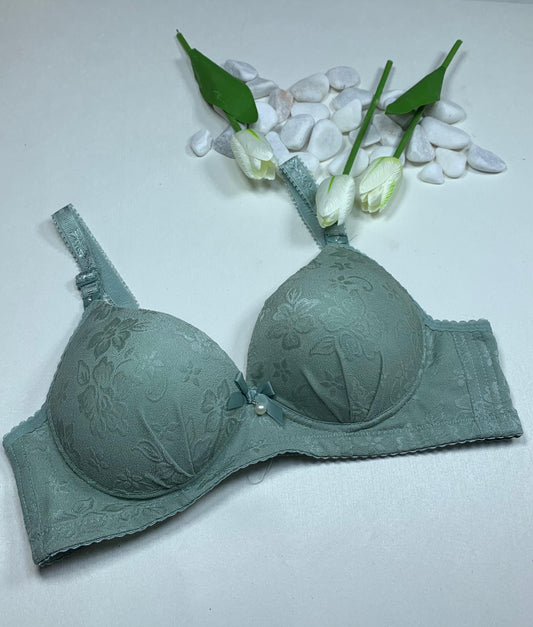 Sage Green Floral Lace Demi Bra with Adjustable Straps