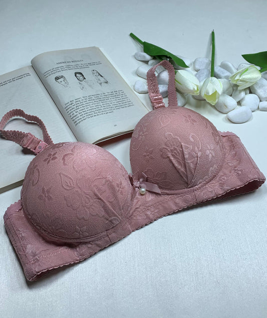 Pink Floral Lace Demi Bra with Adjustable Straps