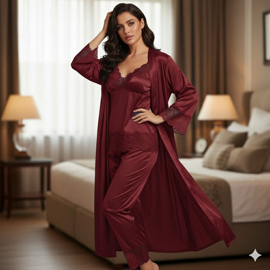 Deluxe 3-Piece Satin & Lace Pajama and Robe Set in Rich Burgundy