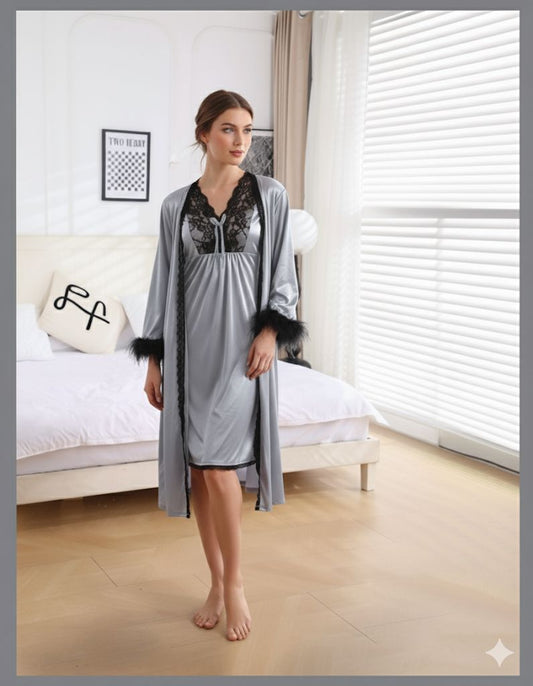 Nightdress & Feather-Trim Robe Set | Romantic Sleepwear