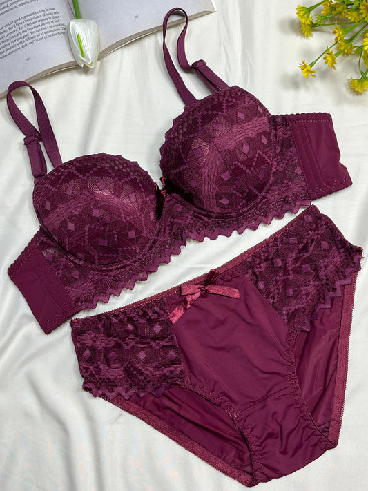 Luxurious Burgundy Lace Push-Up Bra and Panty Set